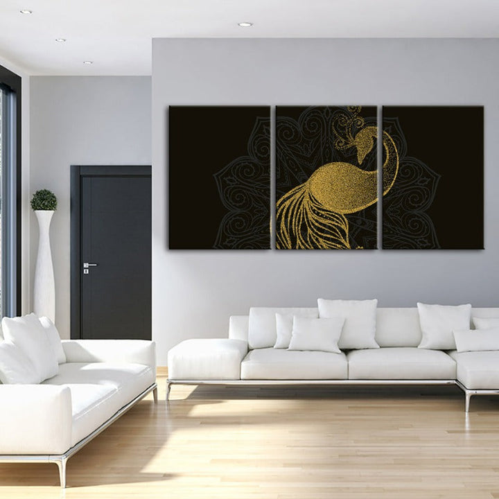 Abstraktes Goldenes Mandala Pfau - Leinwand Wandkunst Gemälde 3 Teile