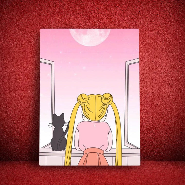 Mädchen Und Ihr Mond Katze - Leinwand Wandkunst Gemälde