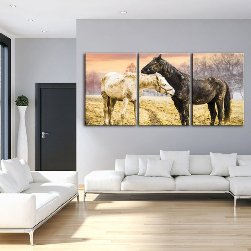 Schwarz & Weiße Pferde-Canvas Wandkunst Gemälde 3 Stücke