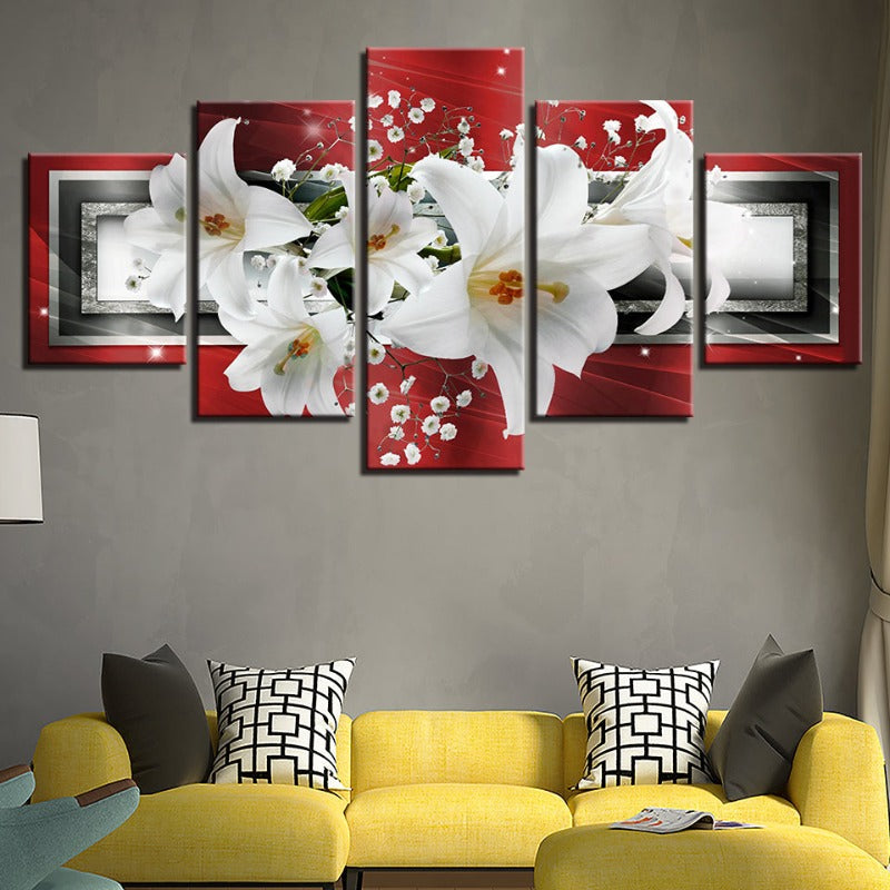 5 Stück Roter Hintergrund Weißer Tulpenblumen - Leinwand Wandkunst Gemälde