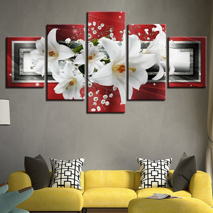 5 Stück Roter Hintergrund Weißer Tulpenblumen - Leinwand Wandkunst Gemälde