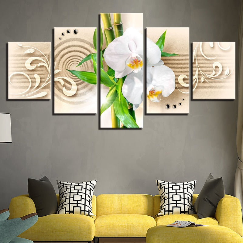 5-teiliges Bambus-Stick Weiß Blumen - Leinwand Wandkunst Malerei