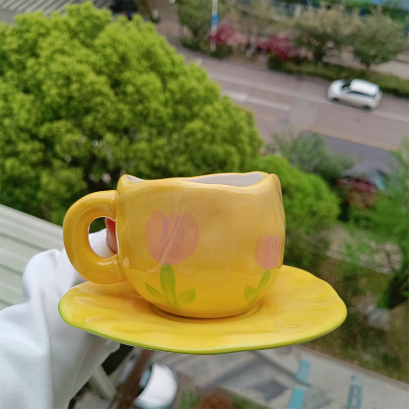 Handbemalter kreativer Kaffeebecher, Keramiktasse und Untertassenset | Karnz