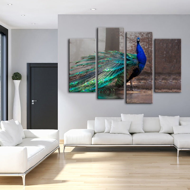 4-teiliges lebhaftes Pfau am Teich - Leinwand Wandkunst Gemälde