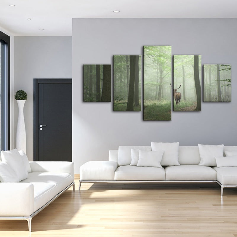 5 Stück Nebel Mystische Rehe Im Wald - Leinwand Wandkunst Gemälde