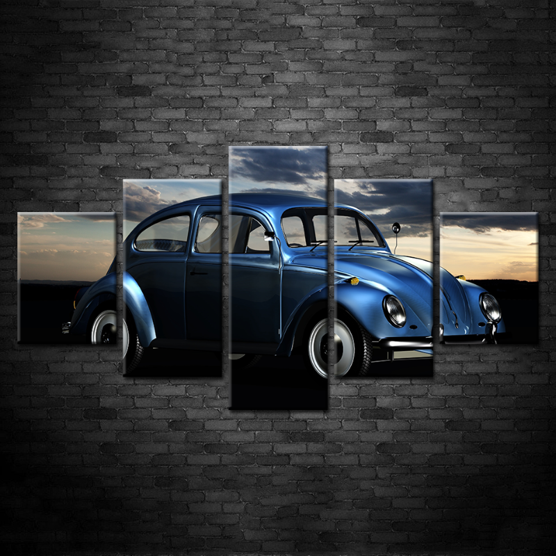 5 Stück Dunkelblaue Alte Vintage-Auto - Leinwand Wandkunst Gemälde