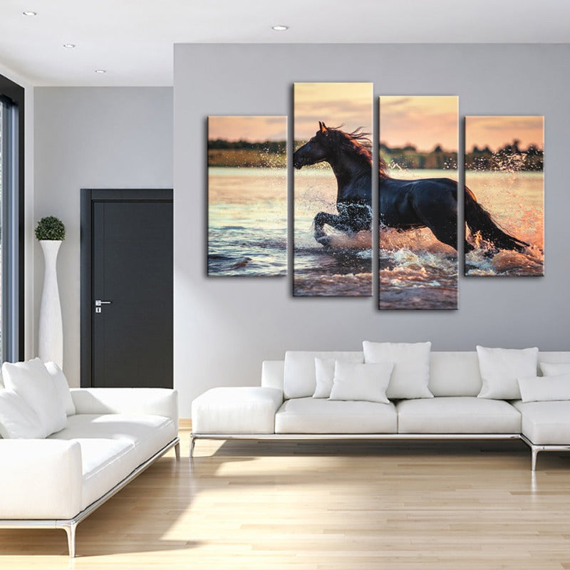 4-teilige laufende Pferde im Wasser - Leinwand Wandkunst Gemälde