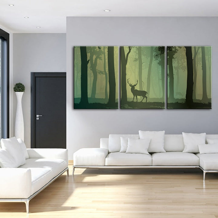 Verzauberte grüne Ton Silhouetten Reh-Leinwand Wandkunst Gemälde 3 Stücke