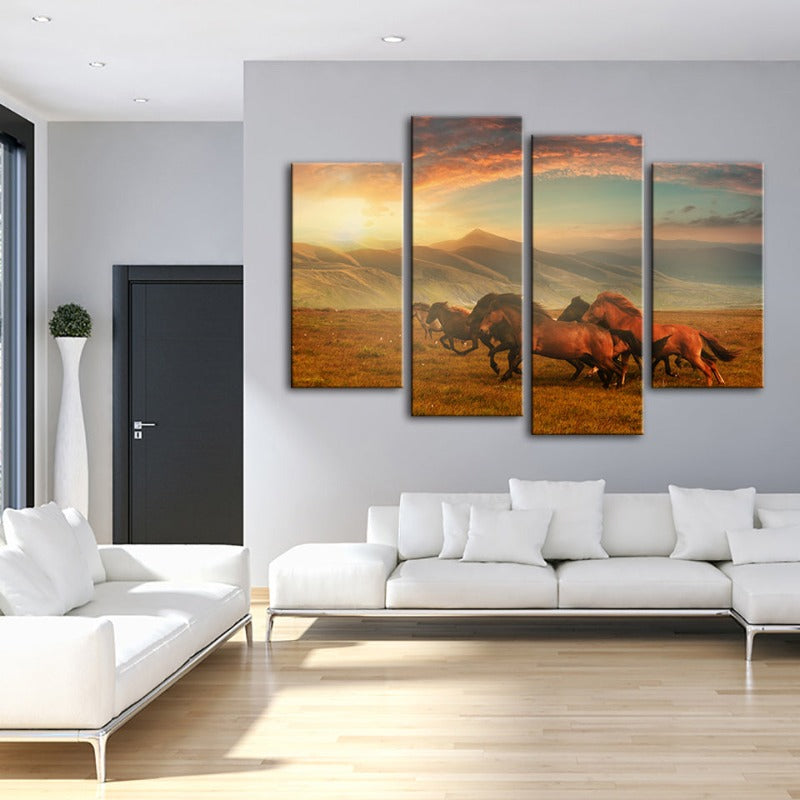4 Stück Laufende Pferde Mit Schönem Landschaft - Leinwand Wand Kunst Malerei