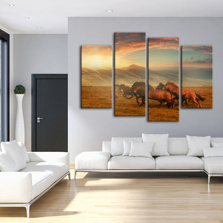 4 Stück Laufende Pferde Mit Schönem Landschaft - Leinwand Wand Kunst Malerei