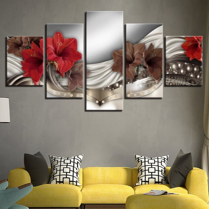 5-teilige braune & rote Hibiskusblume - Leinwand Wandkunst Gemälde