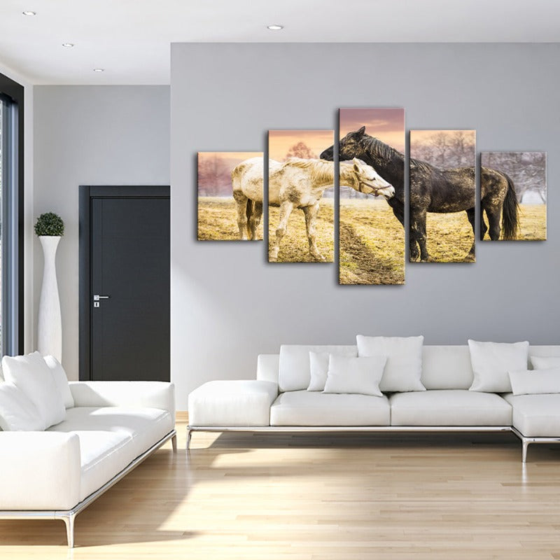 5 Stück Schwarz & Weiß Pferde - Leinwand Wandkunst Malerei