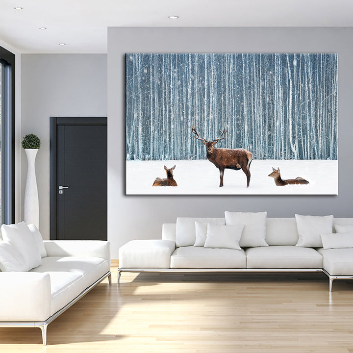 Zwei Rehe und ein Hirsch im Winter - Leinwandbild