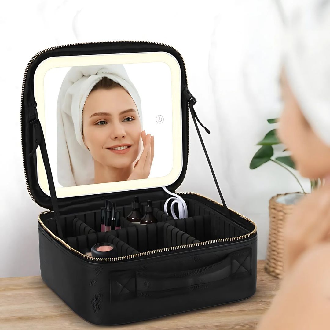 GlamOrganize | Make-up- und Toilettentasche - Kosmetik-Organizer - LED-Spiegel - Kompakte Aufbewahrung für Make-up und Hautpflege - Praktische Reiseschale