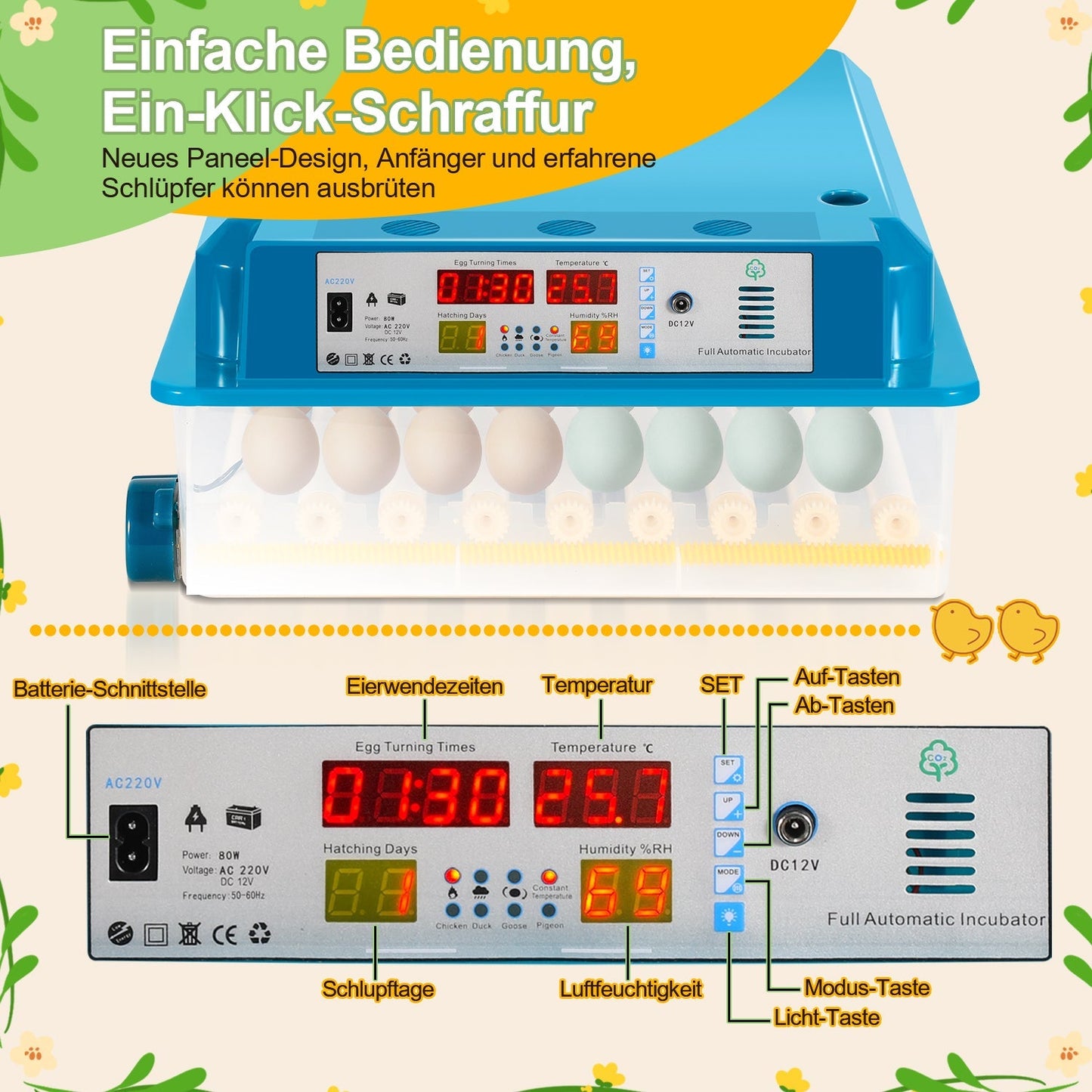 Brutautomat Vollautomatisch Inkubator für Hühner 64 Eier | Karnz