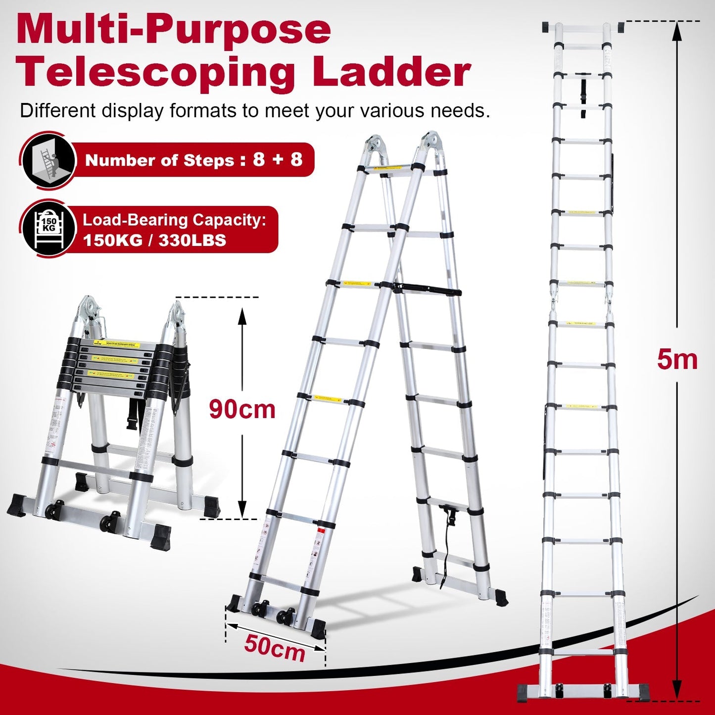 5M Alu Teleskopleiter Klappleiter mit Rädern und Dreiecksstabilisator | Karnz