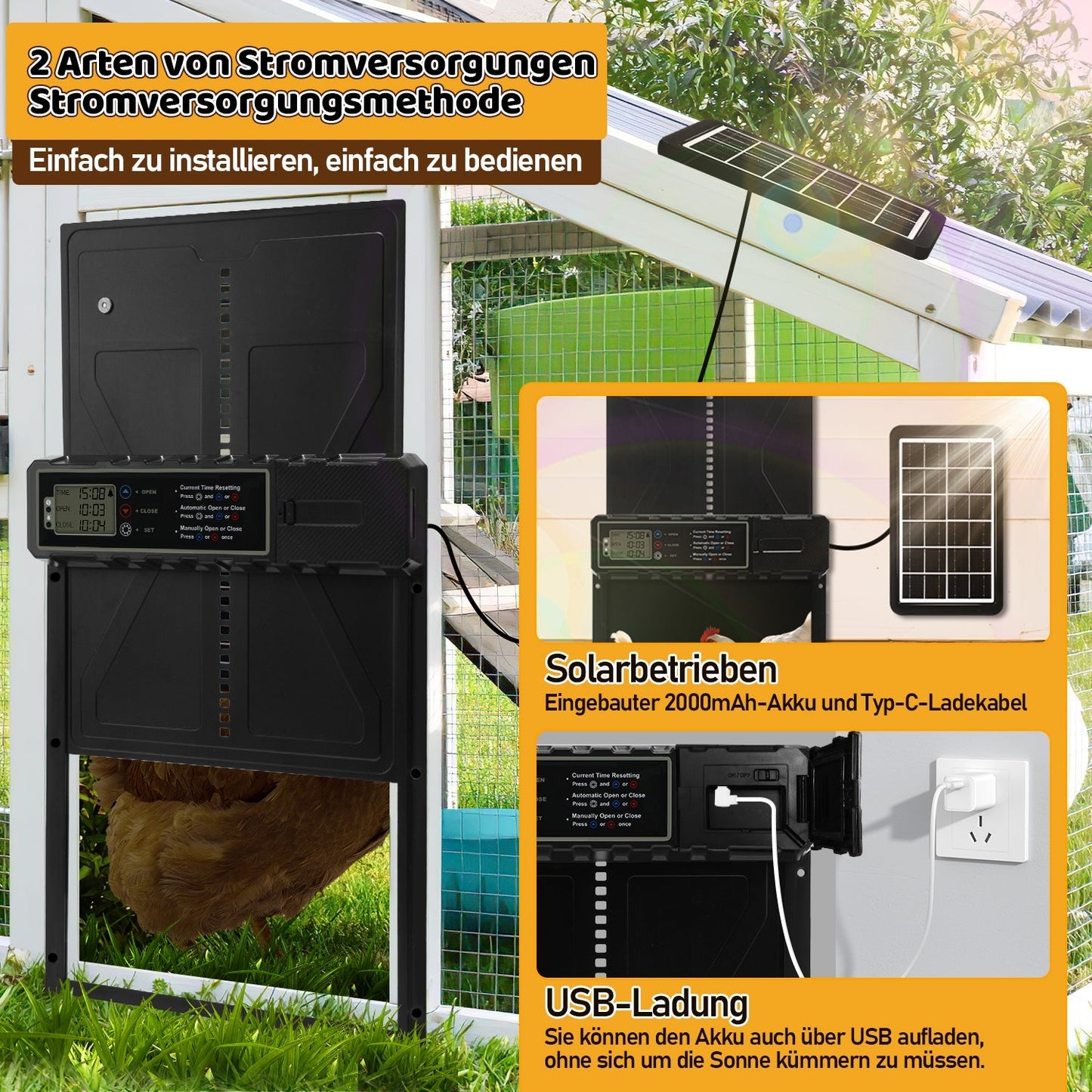 Elektrische Hühnerklappe Solar mit LED Display und Fernbedienung | Karnz