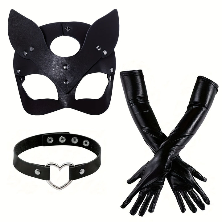 Halloween-Kostümaccessoires für Damen aus Kunstleder | Katzenmasken-Handschuhe