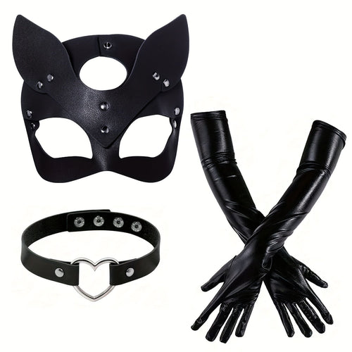 Halloween-Kostümaccessoires für Damen aus Kunstleder | Katzenmasken-Handschuhe