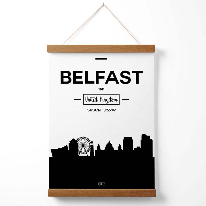 Schwarz-Weiß-Poster der Stadtsilhouette von Belfast mit Aufhänger
