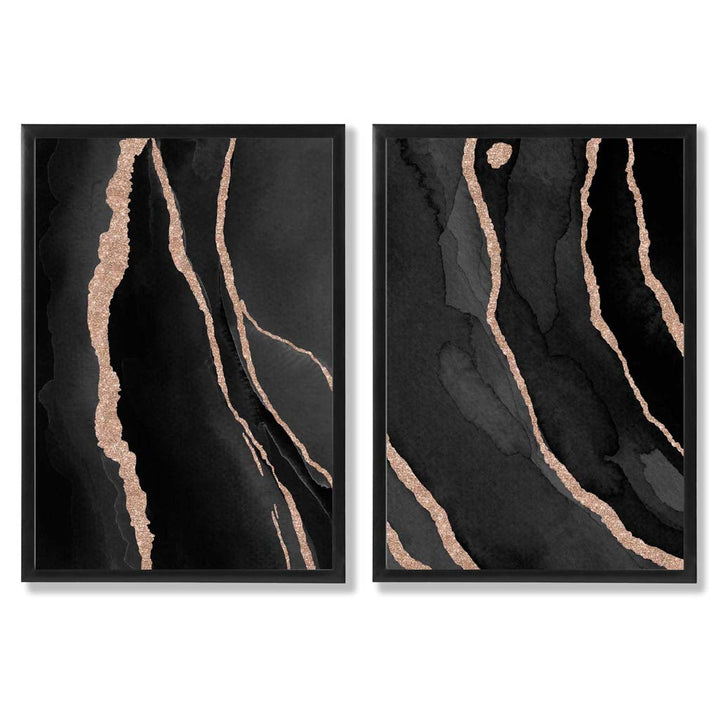 Schwarzes und goldenes abstraktes gerahmtes 2er-Set Kunstdrucke