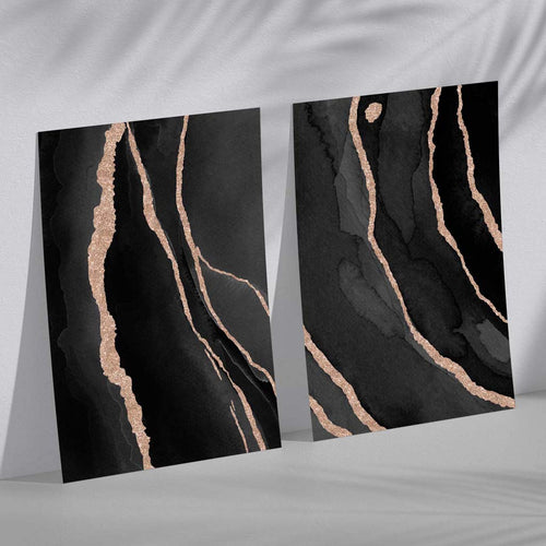 Abstraktes Set aus 2 Kunstdrucken in Schwarz und Gold