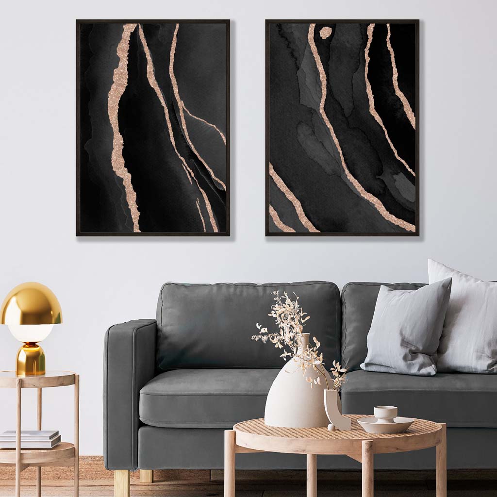 Abstraktes Set aus 2 Kunstdrucken in Schwarz und Gold