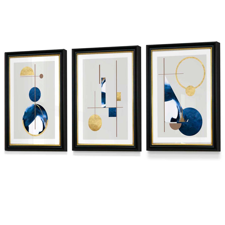 Abstraktes Set aus 3 strukturierten, geometrischen, gerahmten Drucken in Marineblau und Gold