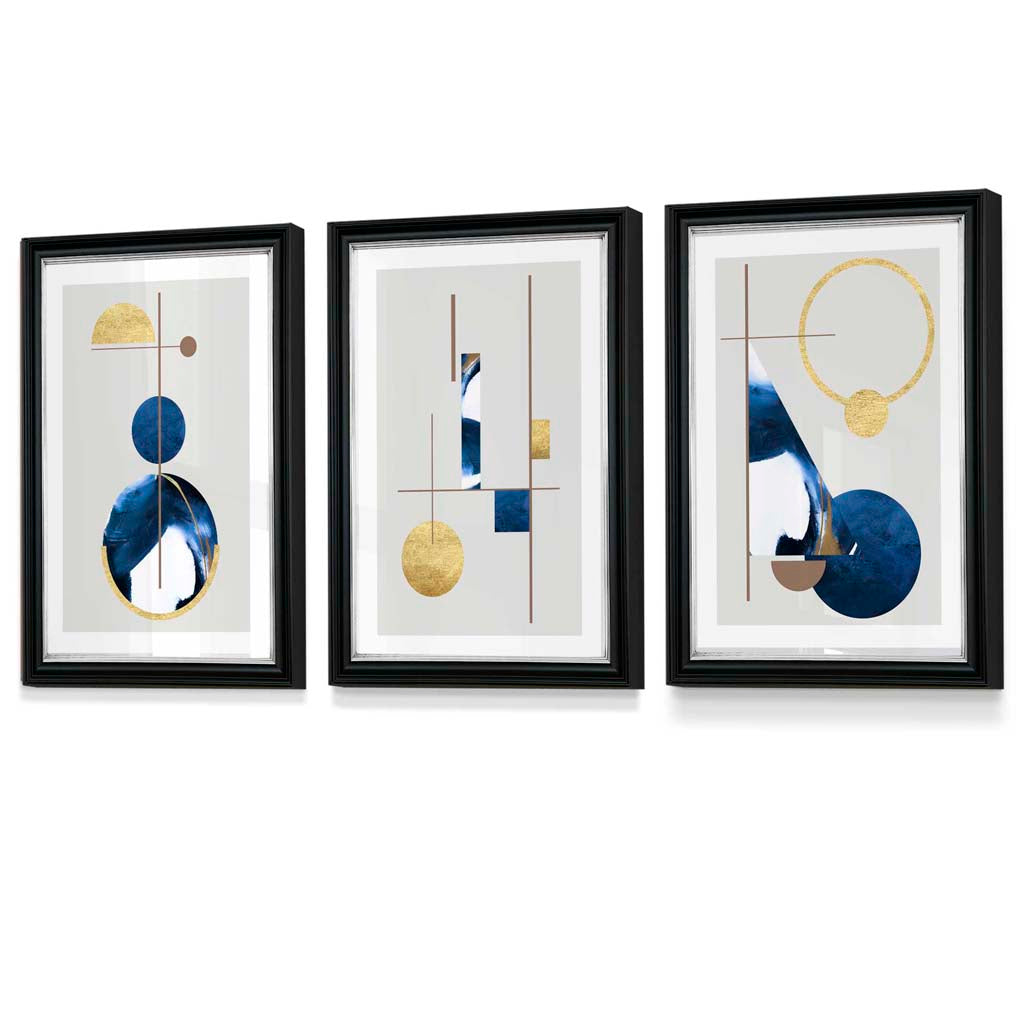 Abstraktes Set aus 3 strukturierten, geometrischen, gerahmten Drucken in Marineblau und Gold