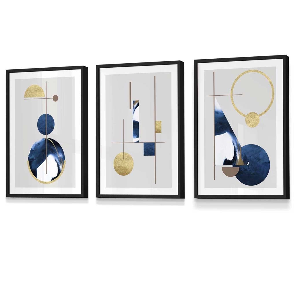 Abstraktes Set aus 3 strukturierten, geometrischen, gerahmten Drucken in Marineblau und Gold