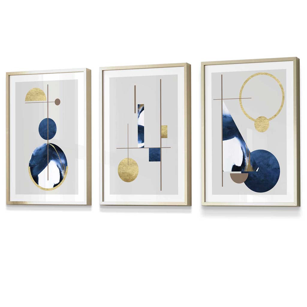 Abstraktes Set aus 3 strukturierten, geometrischen, gerahmten Drucken in Marineblau und Gold