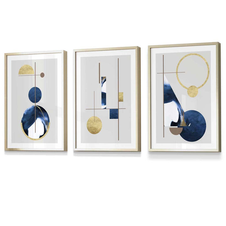 Abstraktes Set aus 3 strukturierten, geometrischen, gerahmten Drucken in Marineblau und Gold