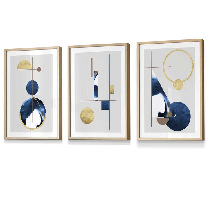 Abstraktes Set aus 3 strukturierten, geometrischen, gerahmten Drucken in Marineblau und Gold
