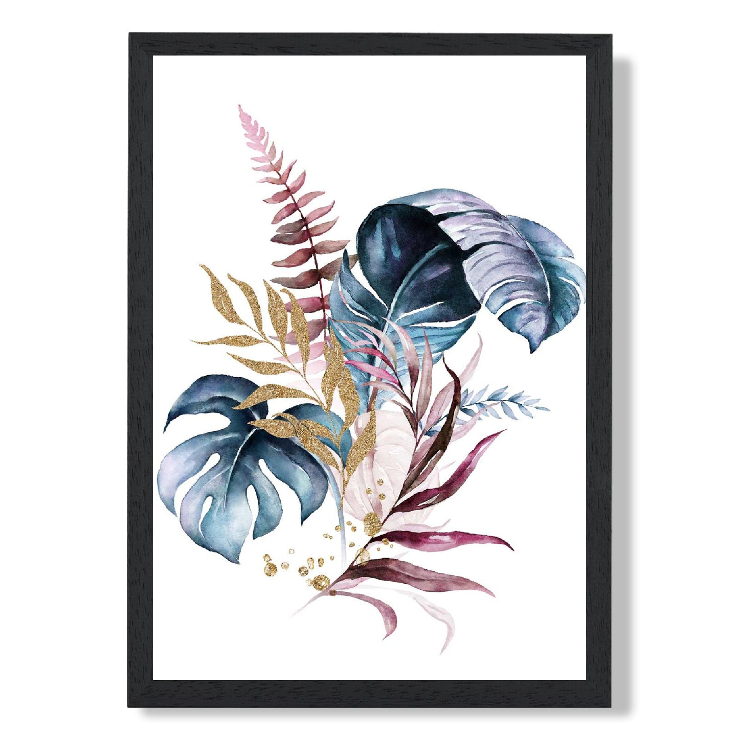 Botanischer Druck mit rosa und blauen Blättern Nr. 1, gerahmt