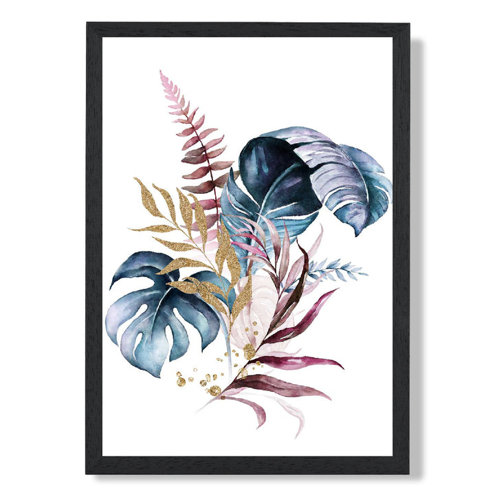 Botanischer Druck mit rosa und blauen Blättern Nr. 1, gerahmt
