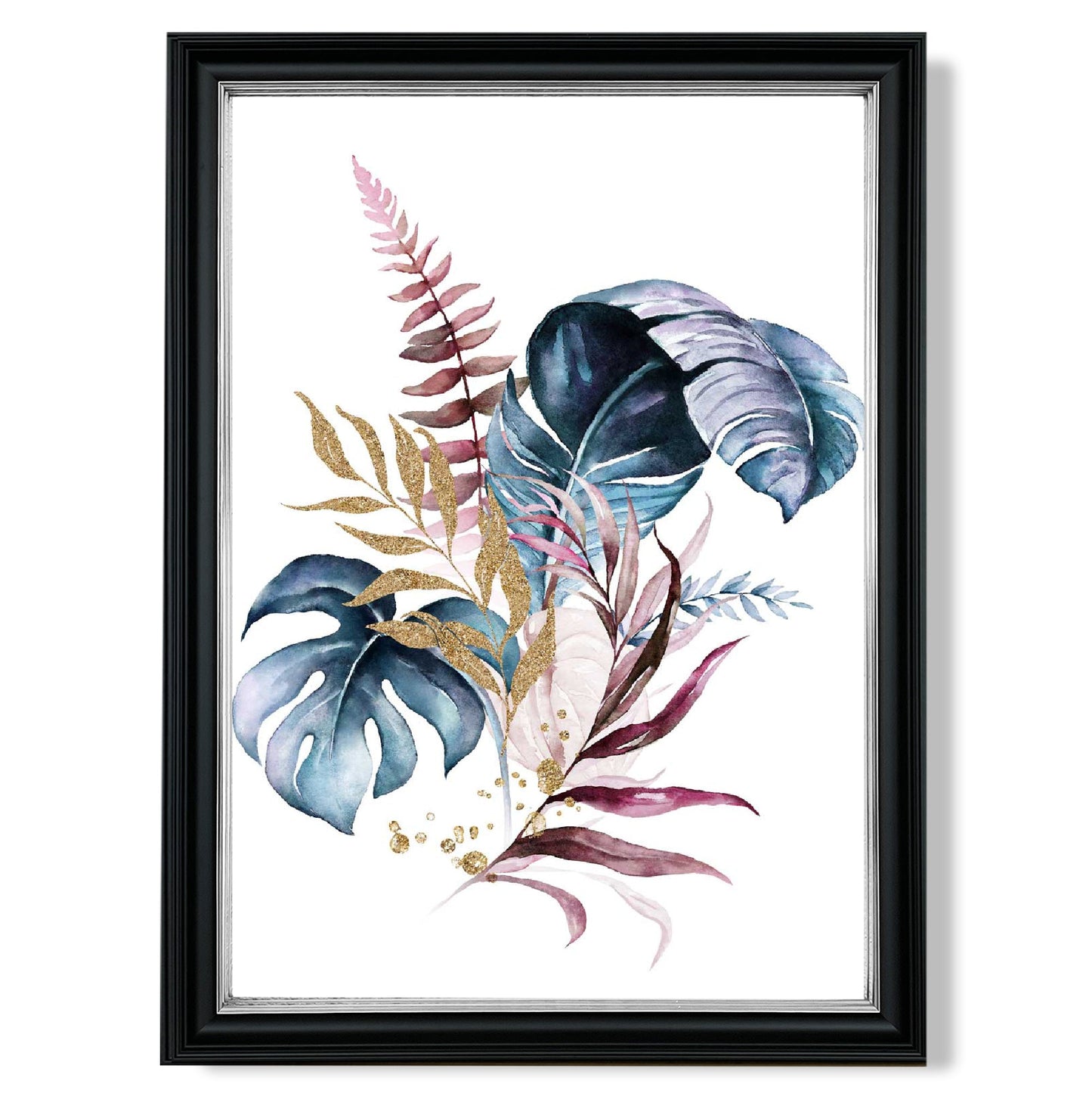 Botanischer Druck mit rosa und blauen Blättern Nr. 1, gerahmt