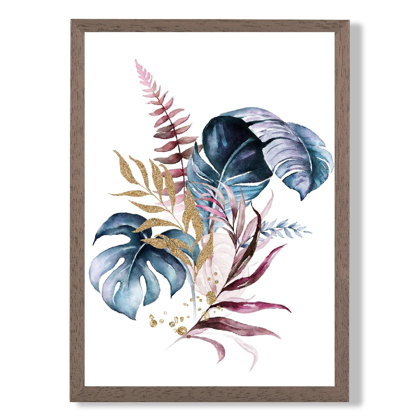 Botanischer Druck mit rosa und blauen Blättern Nr. 1, gerahmt