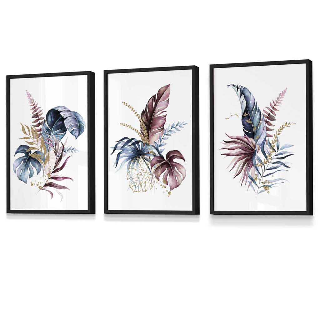 Botanisches Set mit 3 gerahmten Wandbildern mit rosa und blauen Blumenmotiven