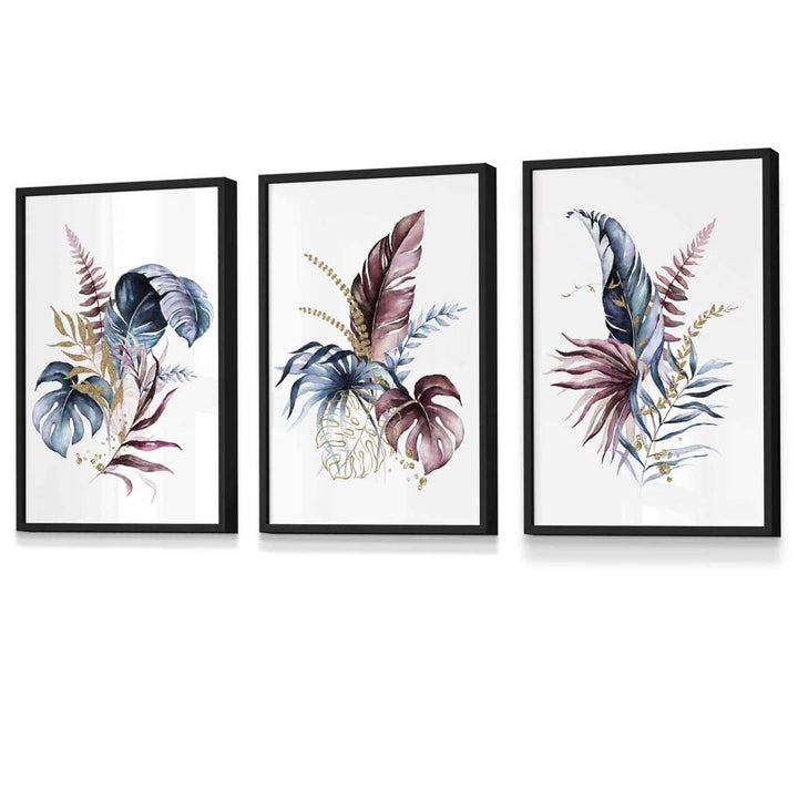Botanisches Set mit 3 gerahmten Wandbildern mit rosa und blauen Blumenmotiven
