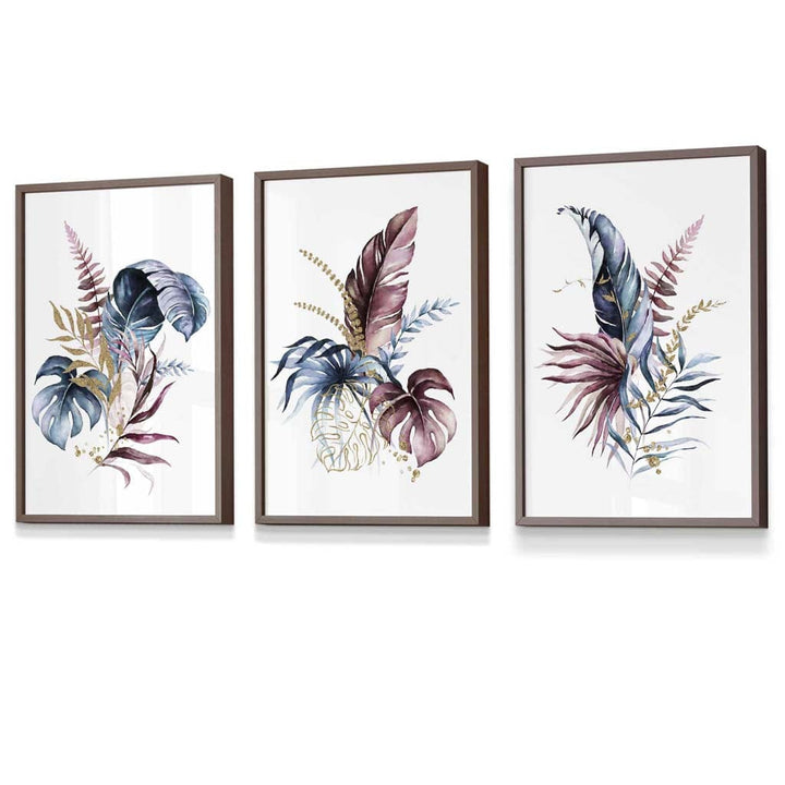 Botanisches Set mit 3 gerahmten Wandbildern mit rosa und blauen Blumenmotiven