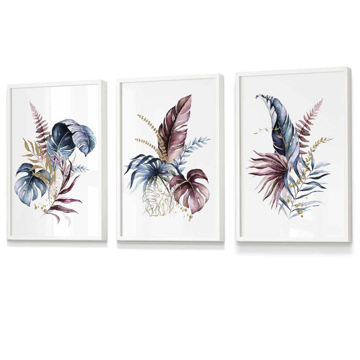 Botanisches Set mit 3 gerahmten Wandbildern mit rosa und blauen Blumenmotiven