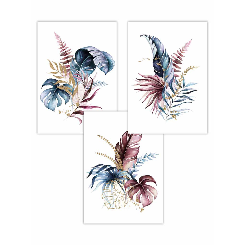 Botanisches Set aus 3 rosa-blauen floralen Wandbildern