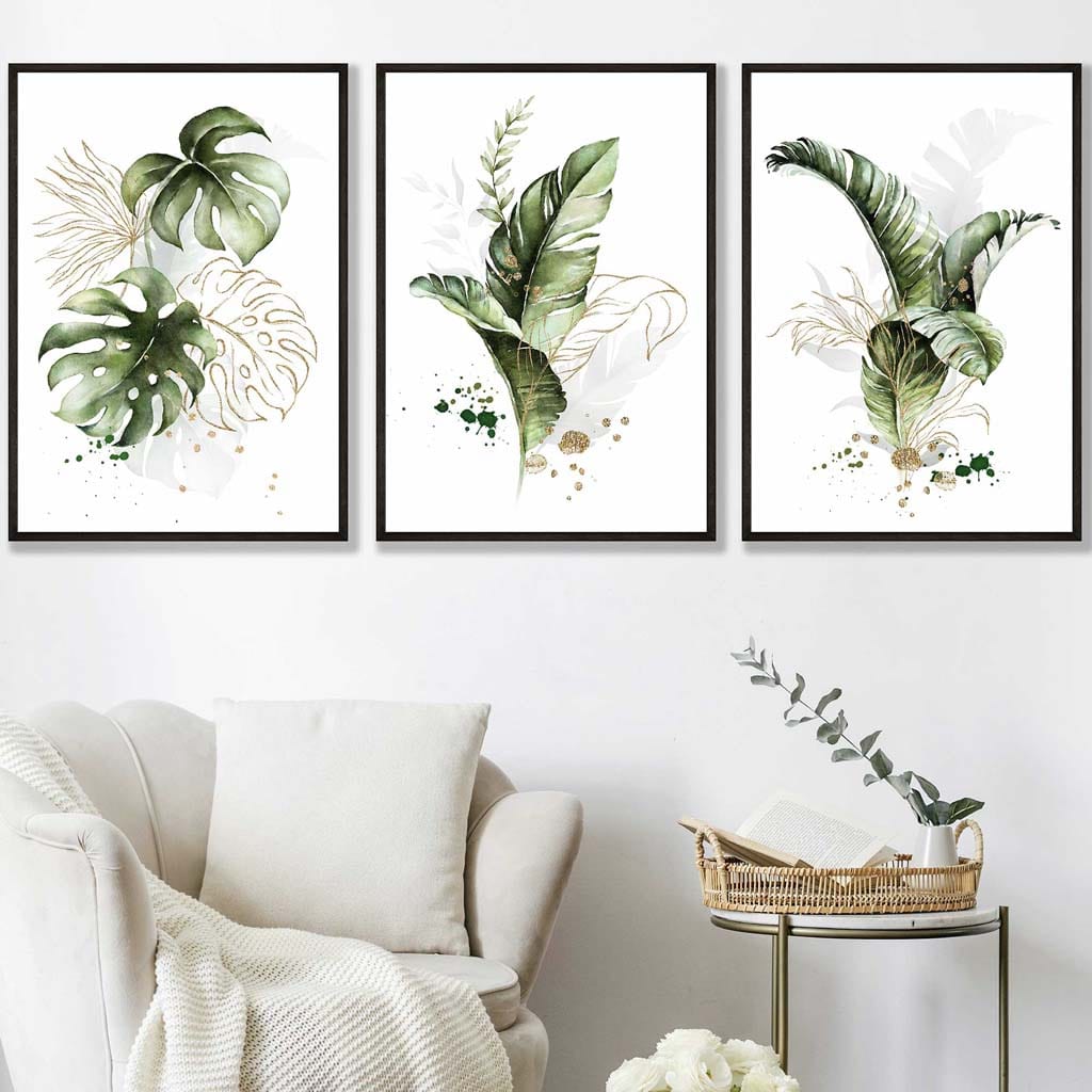 Botanisches Set aus 3 grünen und goldenen floralen Wandbildern