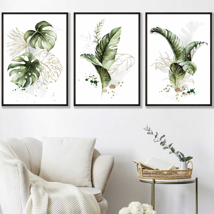 Botanisches Set aus 3 grünen und goldenen Blumen-Wandbildern in Rahmen
