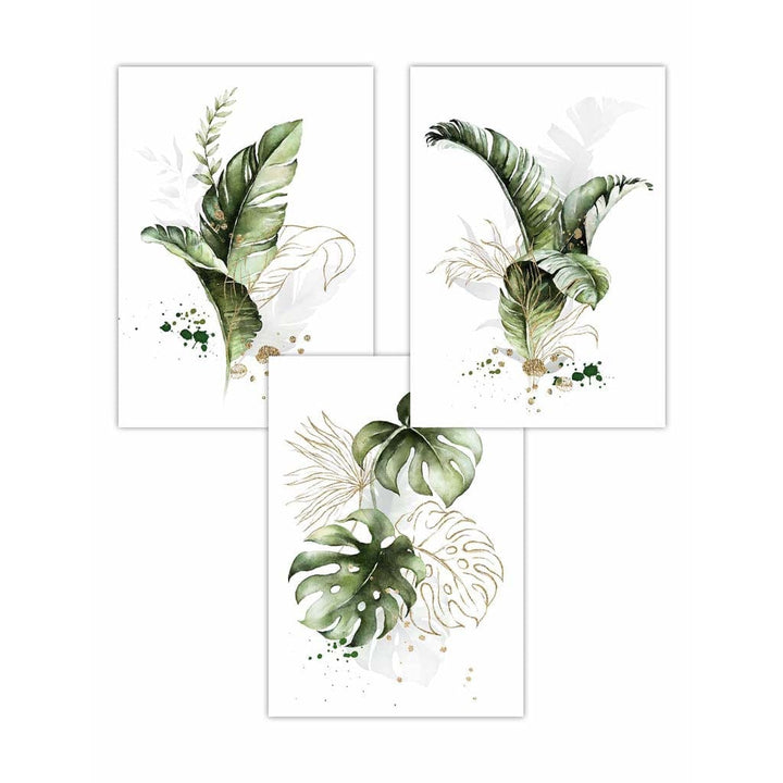 Botanisches Set aus 3 grünen und goldenen floralen Wandbildern