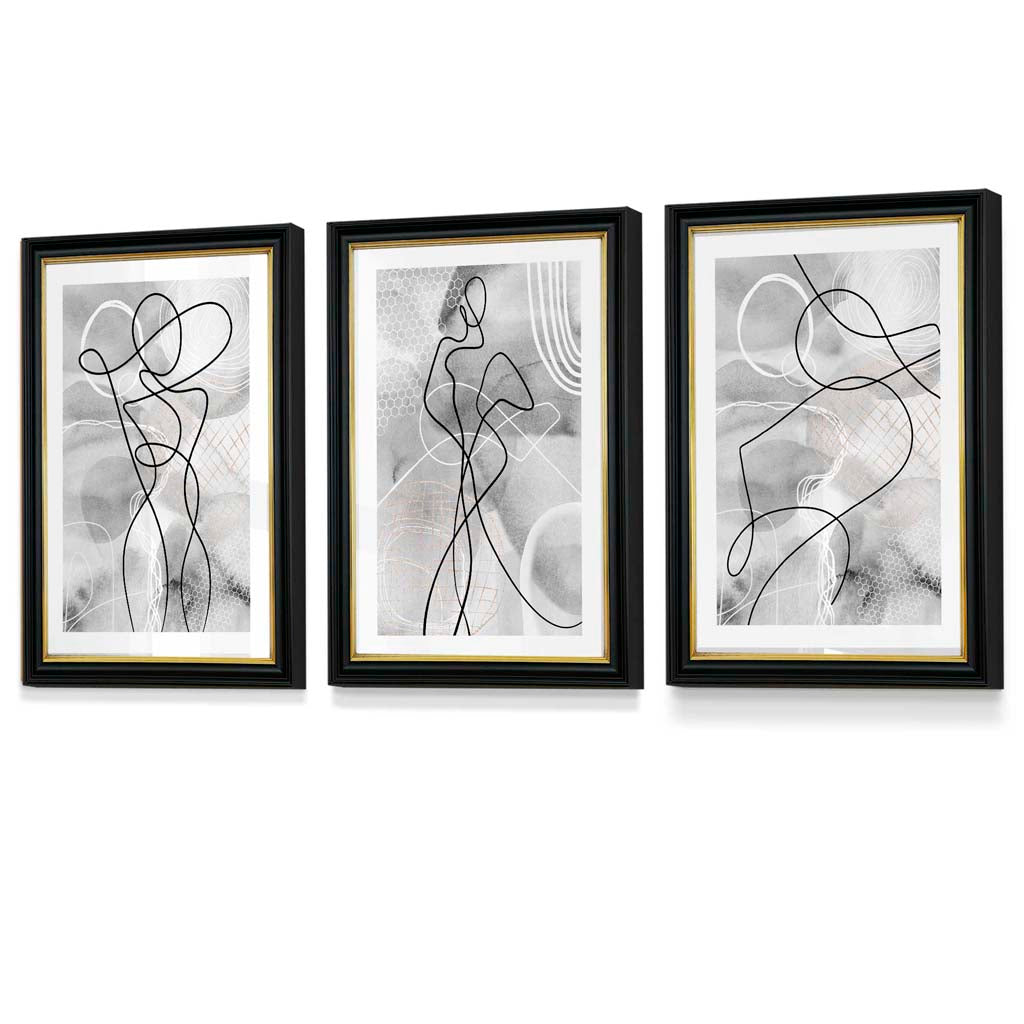Abstraktes Set aus 3 gerahmten Kunstdrucken mit Motiven aus der Modewelt in Schwarz und Grau