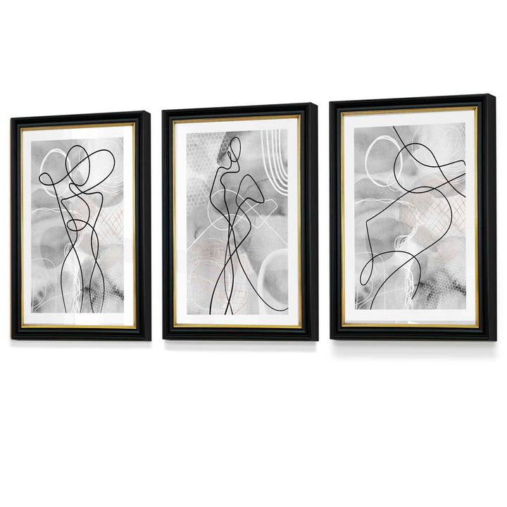 Abstraktes Set aus 3 gerahmten Kunstdrucken mit Motiven aus der Modewelt in Schwarz und Grau