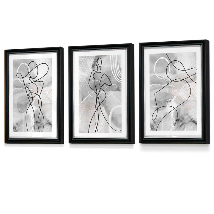 Abstraktes Set aus 3 gerahmten Kunstdrucken mit Motiven aus der Modewelt in Schwarz und Grau
