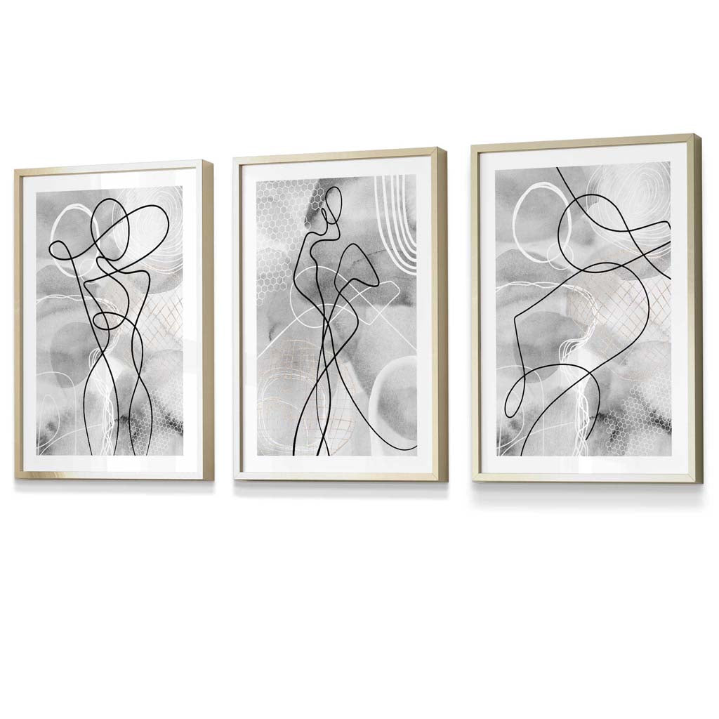 Abstraktes Set aus 3 gerahmten Kunstdrucken mit Motiven aus der Modewelt in Schwarz und Grau