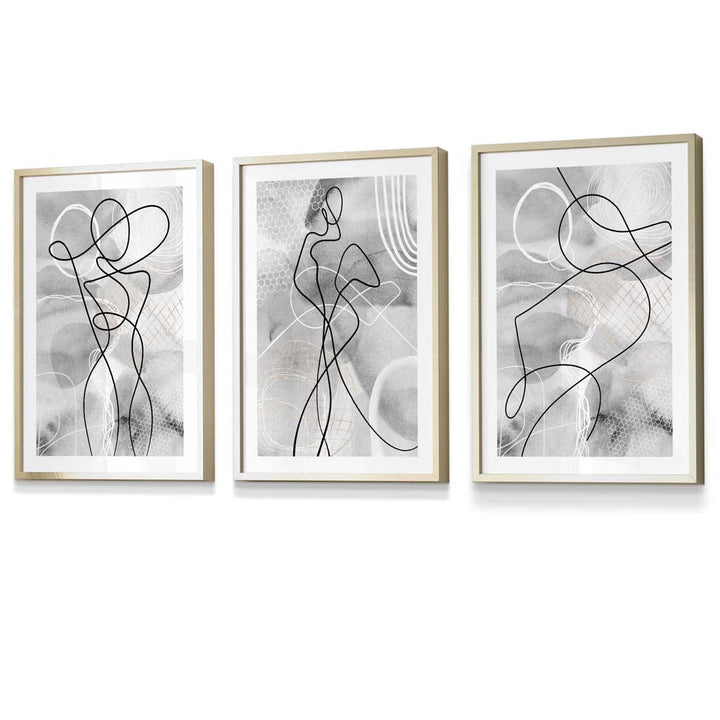 Abstraktes Set aus 3 gerahmten Kunstdrucken mit Motiven aus der Modewelt in Schwarz und Grau